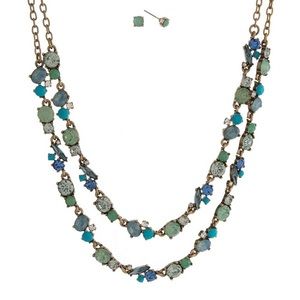 Blue and Green Burnished Gold Tone Necklace Set
